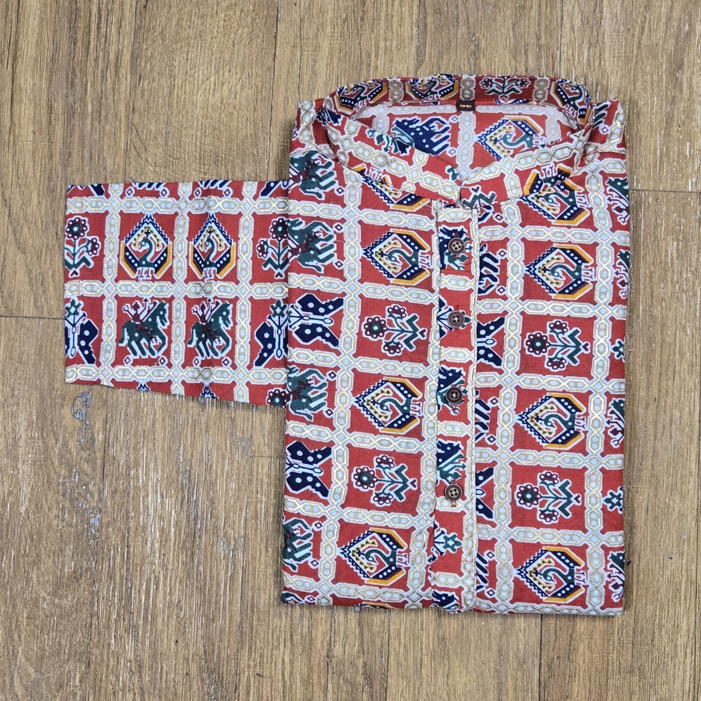 Red Cotton Multicolor Printed Men's Kurta