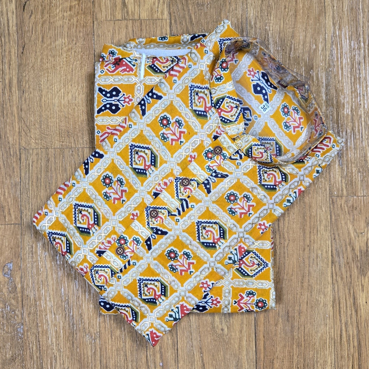 Yellow Cotton Multicolor Printed Men's Kurta