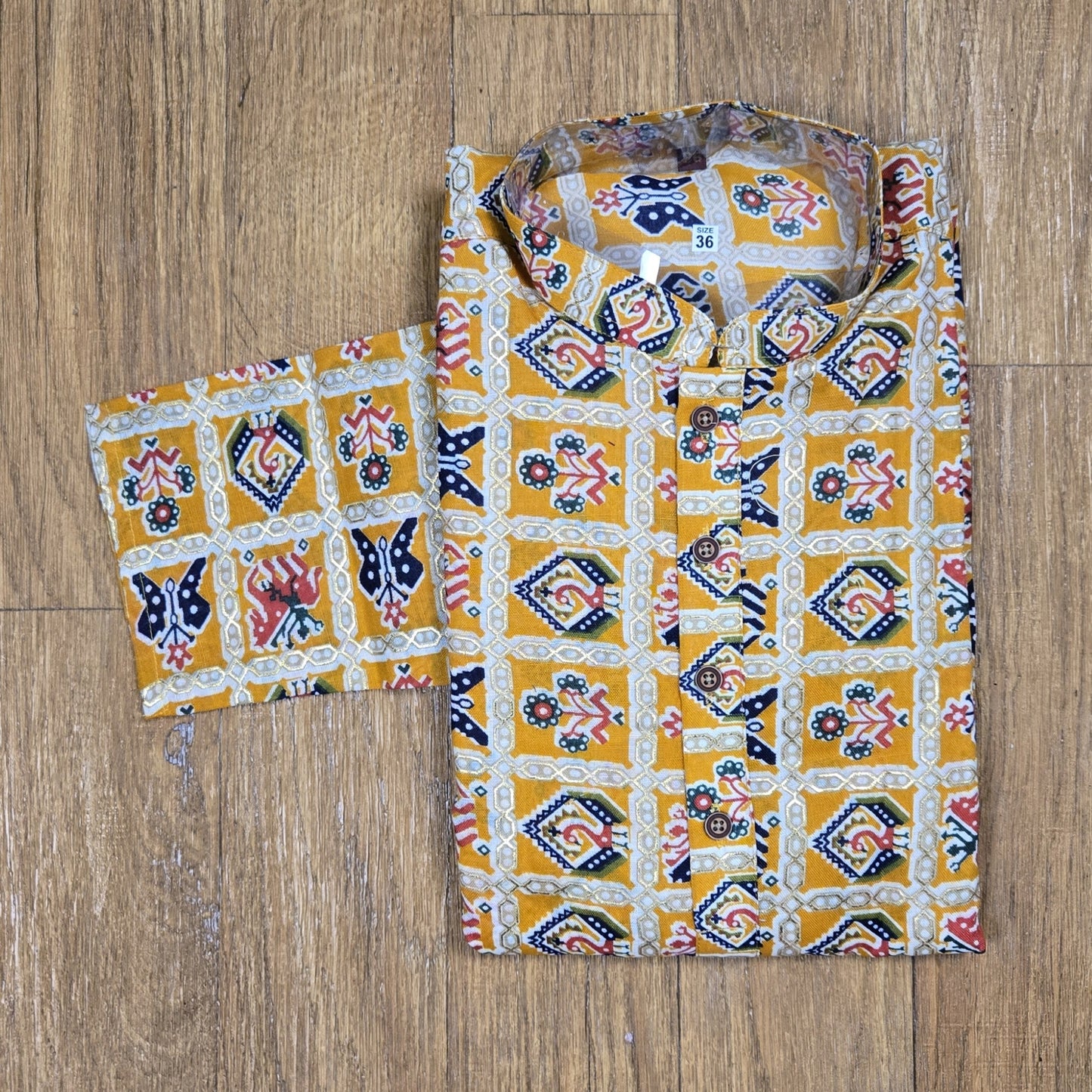 Yellow Cotton Multicolor Printed Men's Kurta