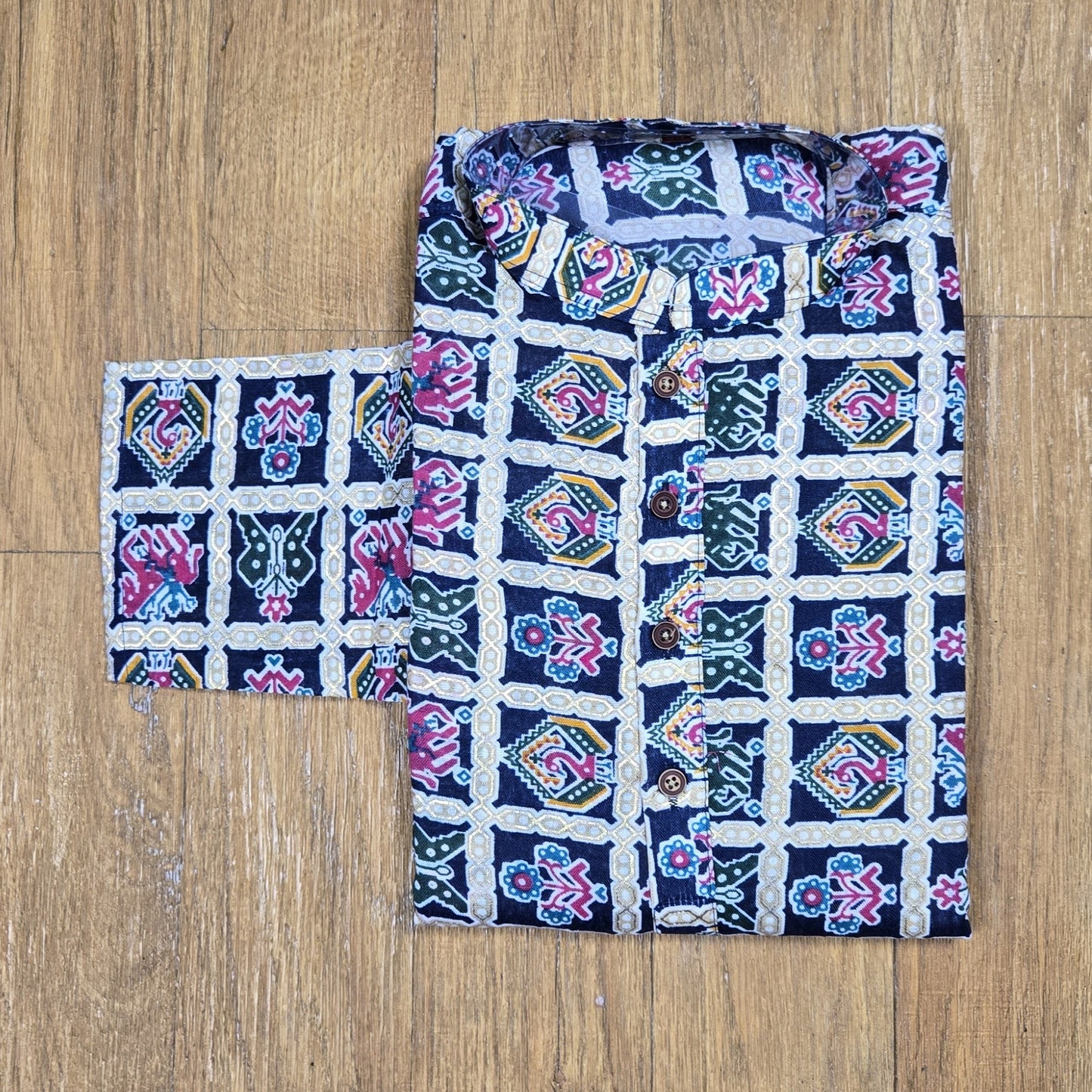 Navy Blue Cotton Multicolor Printed Men's Kurta