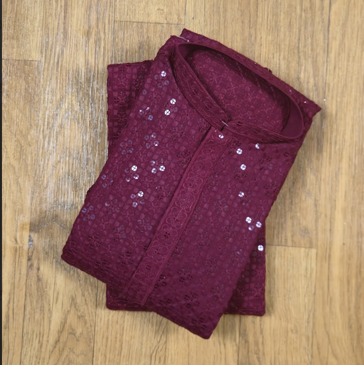 Maroon Sequin Chikhenkari(Lakhnavi) Embroidery Men's Kurta