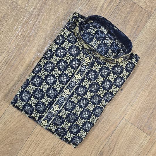 Black Cross Sequin Embroidery Men's Kurta