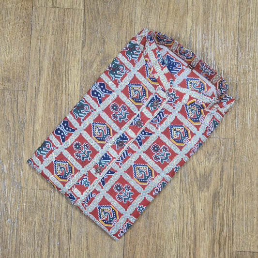 Red Cotton Multicolor Printed Men's Kurta