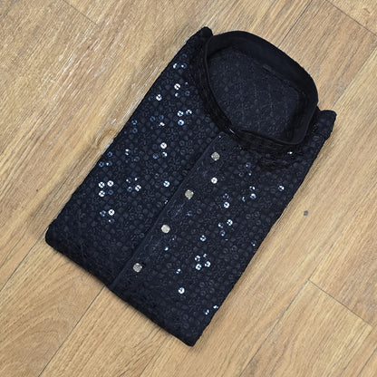 Black Sequin Chikhenkari(Lakhnavi) Embroidery Men's Kurta