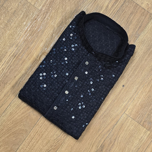 Black Sequin Chikhenkari(Lakhnavi) Embroidery Men's Kurta