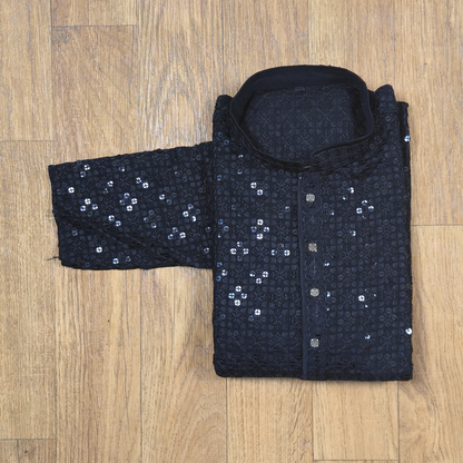 Black Sequin Chikhenkari(Lakhnavi) Embroidery Men's Kurta