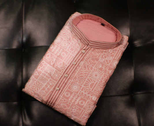 Traditional Embroidered Heavy Pink Men's Kurta