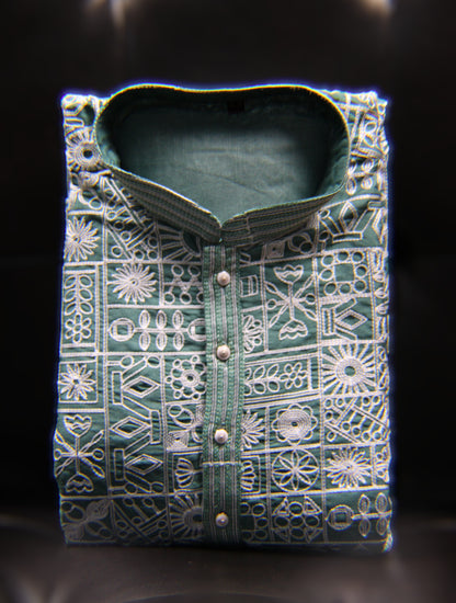 Traditional Embroidered Heavy Olive Green Men's Kurta