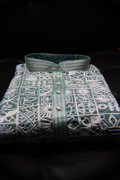 Traditional Embroidered Heavy Olive Green Men's Kurta