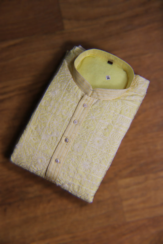 Traditional Embroidered Heavy Light Yellow Men's Kurta