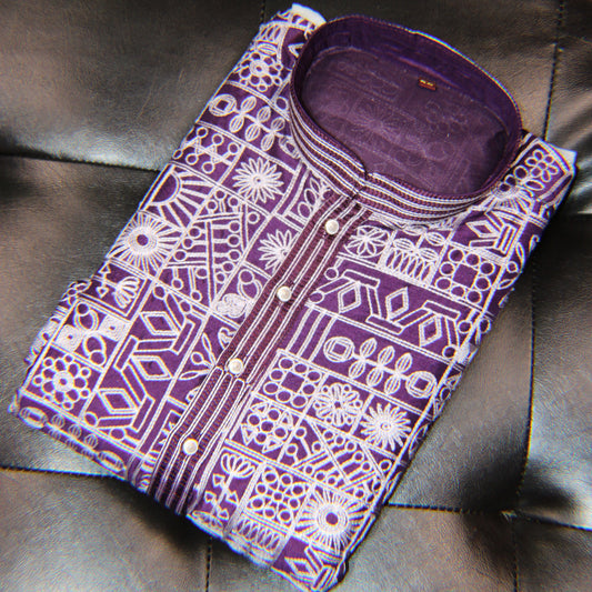 Traditional Embroidered Heavy Deep Purple Men's Kurta