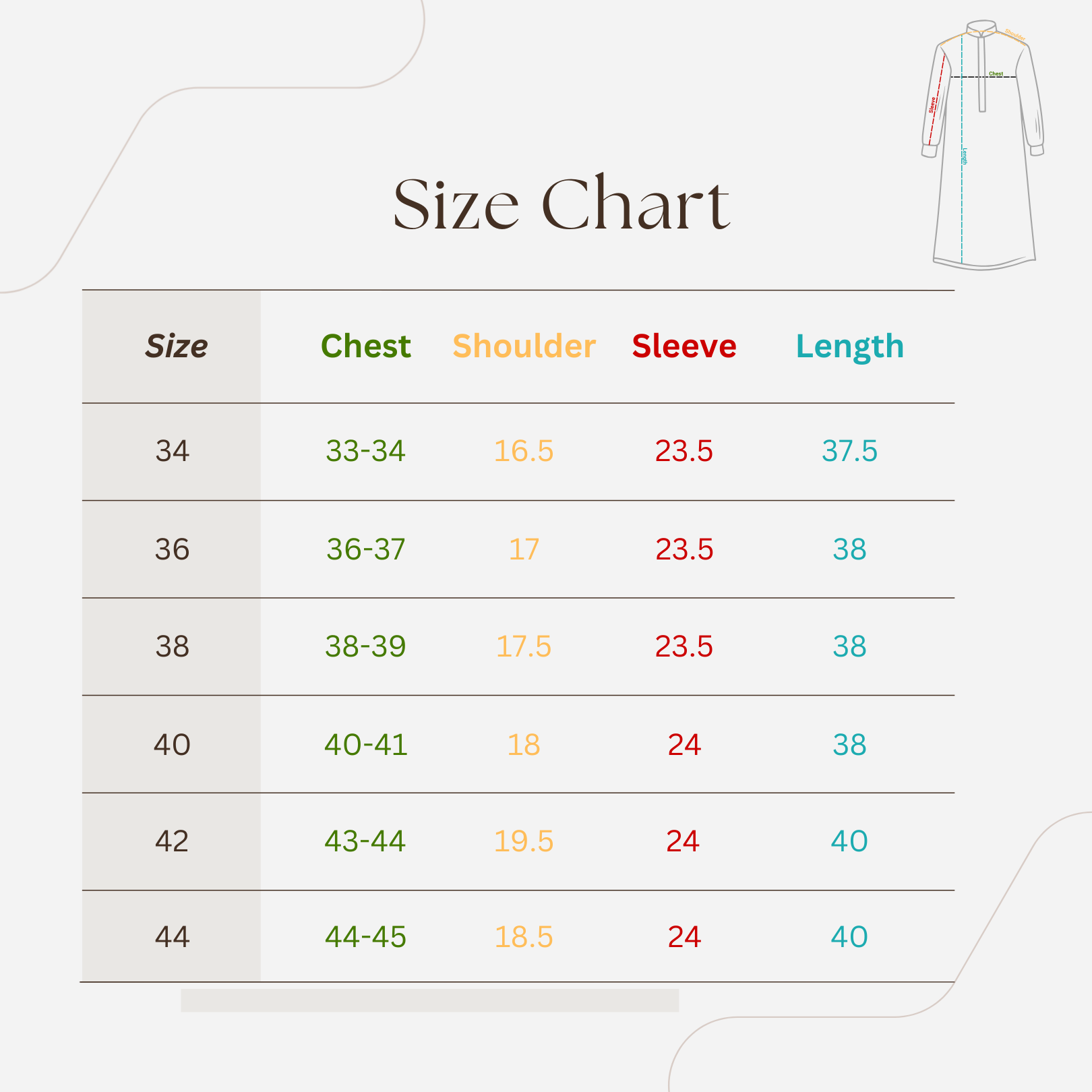 Size chart for a garment with measurements in chest, shoulder, sleeve, and length.