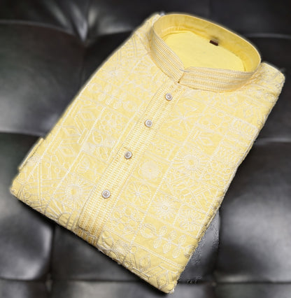 Traditional Embroidered Heavy Light Yellow Men's Kurta
