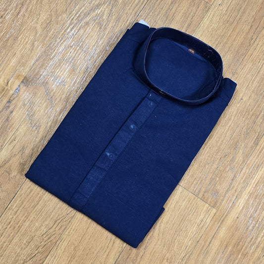 Folded Navy Blue mandarin collar Kurta on wooden floor