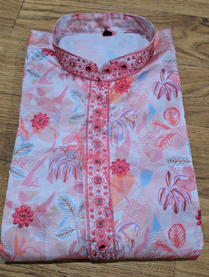 Pastel Pink Floral Embroidery Men's Kurta