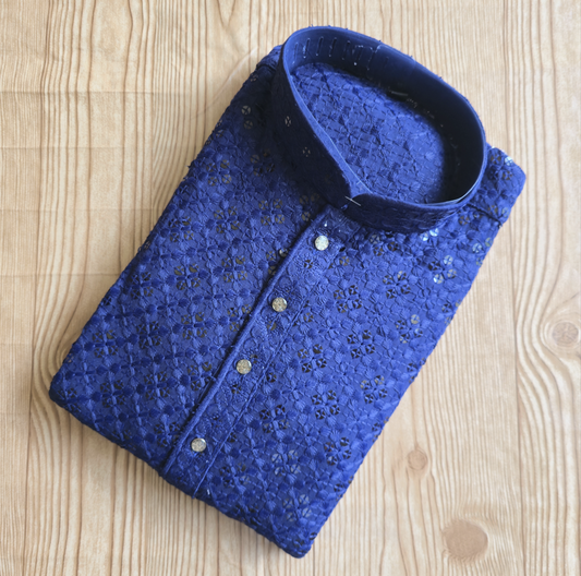 Blue Sequin Chikhenkari(Lakhnavi) Embroidery Men's Kurta