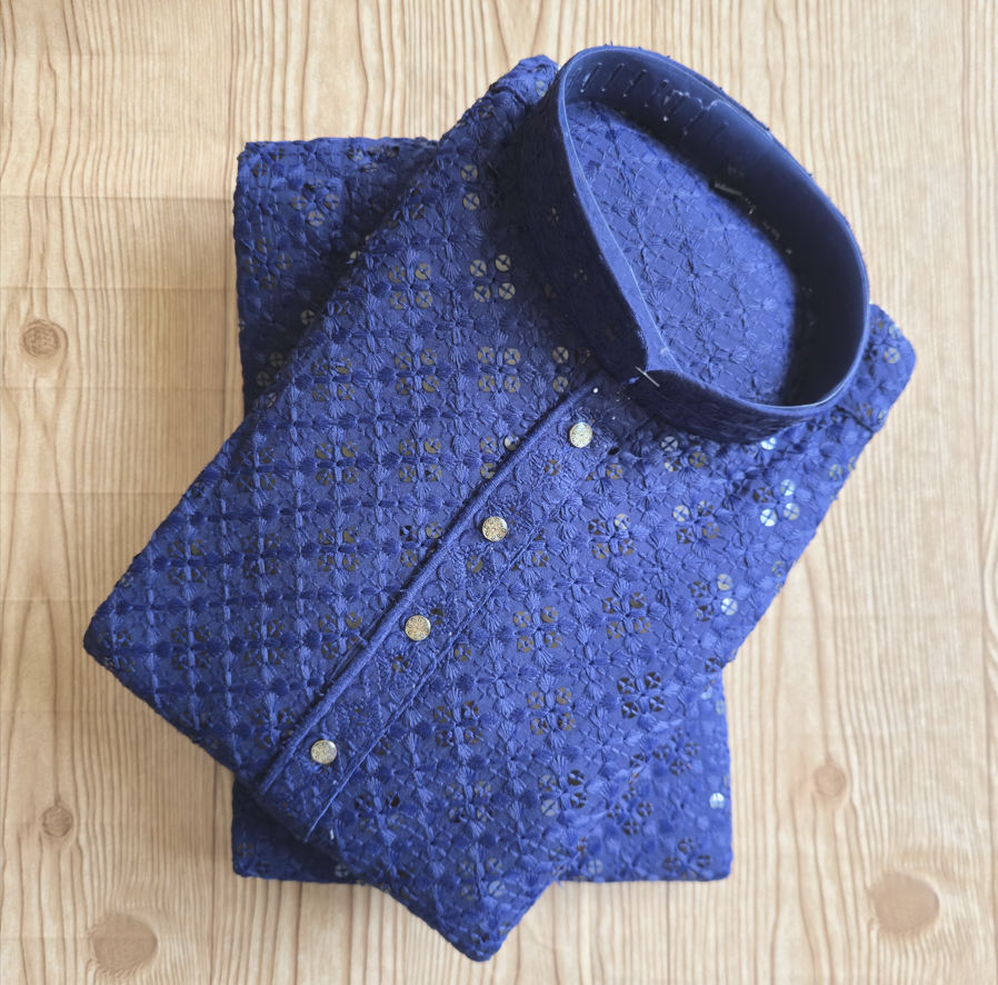 Blue Sequin Chikhenkari(Lakhnavi) Embroidery Men's Kurta