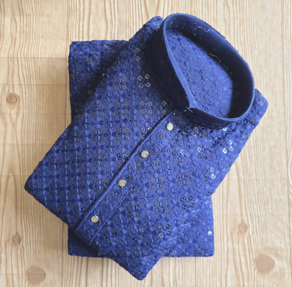 Blue Sequin Chikhenkari(Lakhnavi) Embroidery Men's Kurta