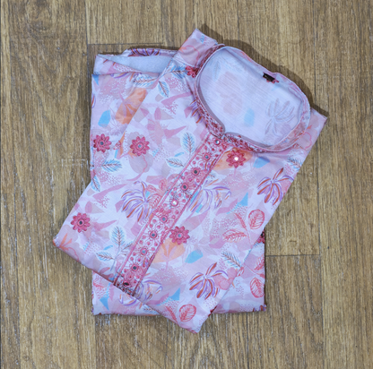 Pastel Pink Floral Embroidery Men's Kurta