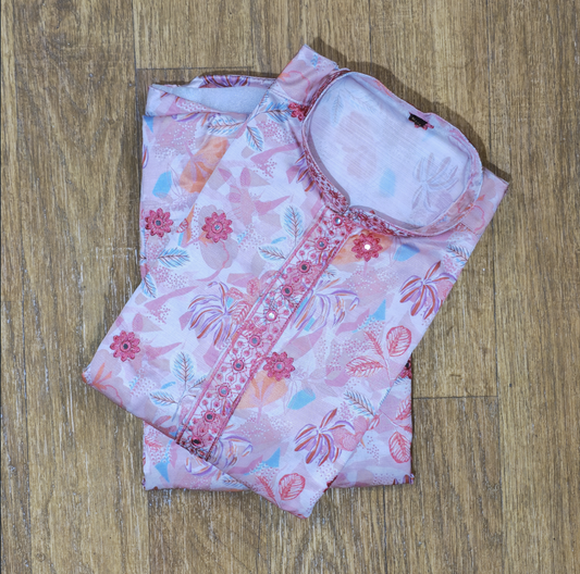 Pastel Pink Floral Embroidery Men's Kurta