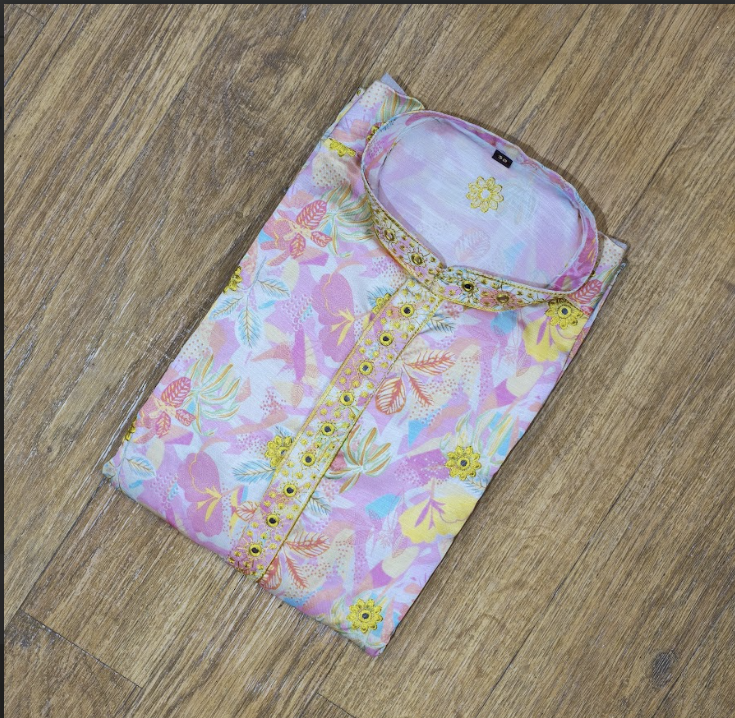 Pastel Yellow Floral Embroidery Men's Kurta