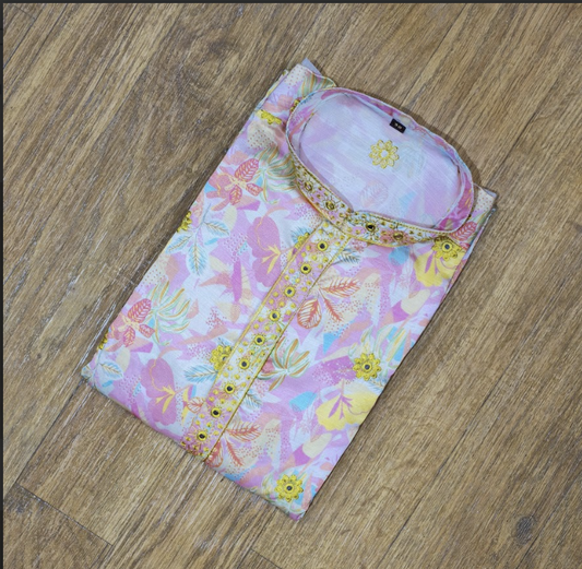 Pastel Yellow Floral Embroidery Men's Kurta