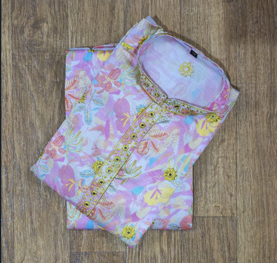 Pastel Yellow Floral Embroidery Men's Kurta