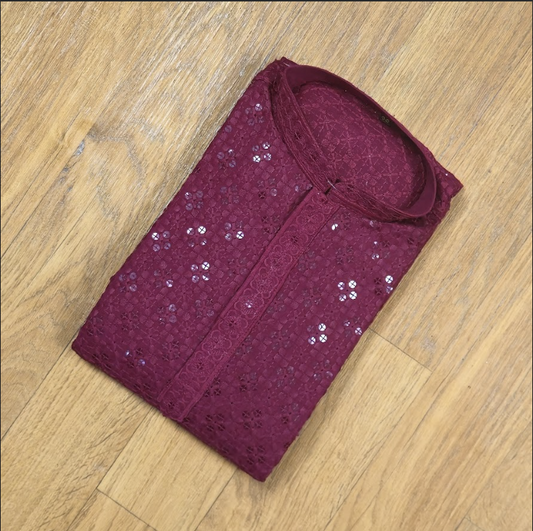 Maroon Sequin Chikhenkari(Lakhnavi) Embroidery Men's Kurta