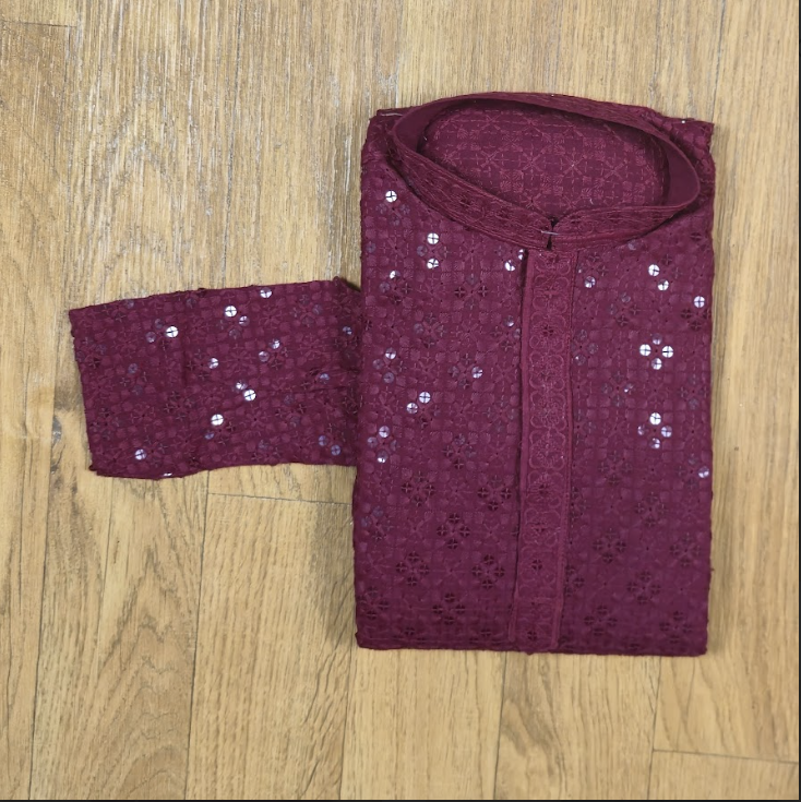 Maroon Sequin Chikhenkari(Lakhnavi) Embroidery Men's Kurta